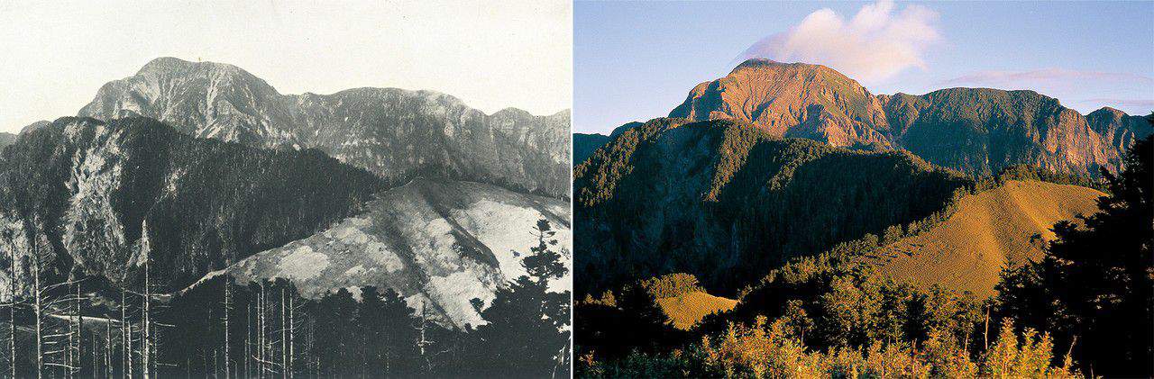 《左圖》 雪山英姿 圖片取自《日本地理風俗大系台灣篇》(1931年新光社版) 《右圖》 雪山峻秀的山容 攝影∕蘇庭輝　地點∕志佳陽大山稜線