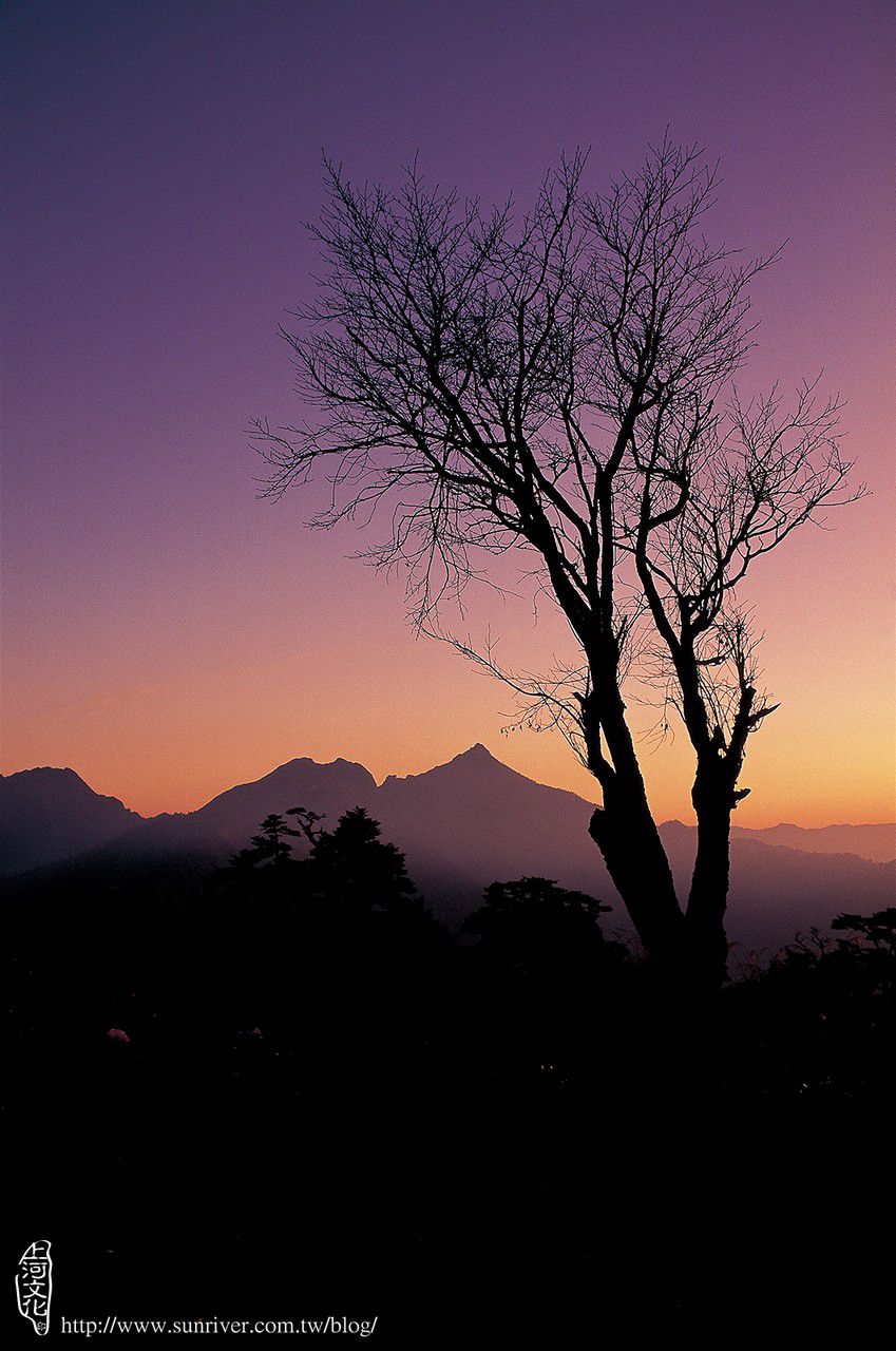 日暮時分，天際一片紫紅橙黃，尖峰磊落的能高山與如天神筆架的卡賀爾山，駐立在天池山莊的南方穹冥之上，一幅莊嚴悠遠的山色，讓人悸動。 攝影∕王仕偉　地點∕天池山莊 