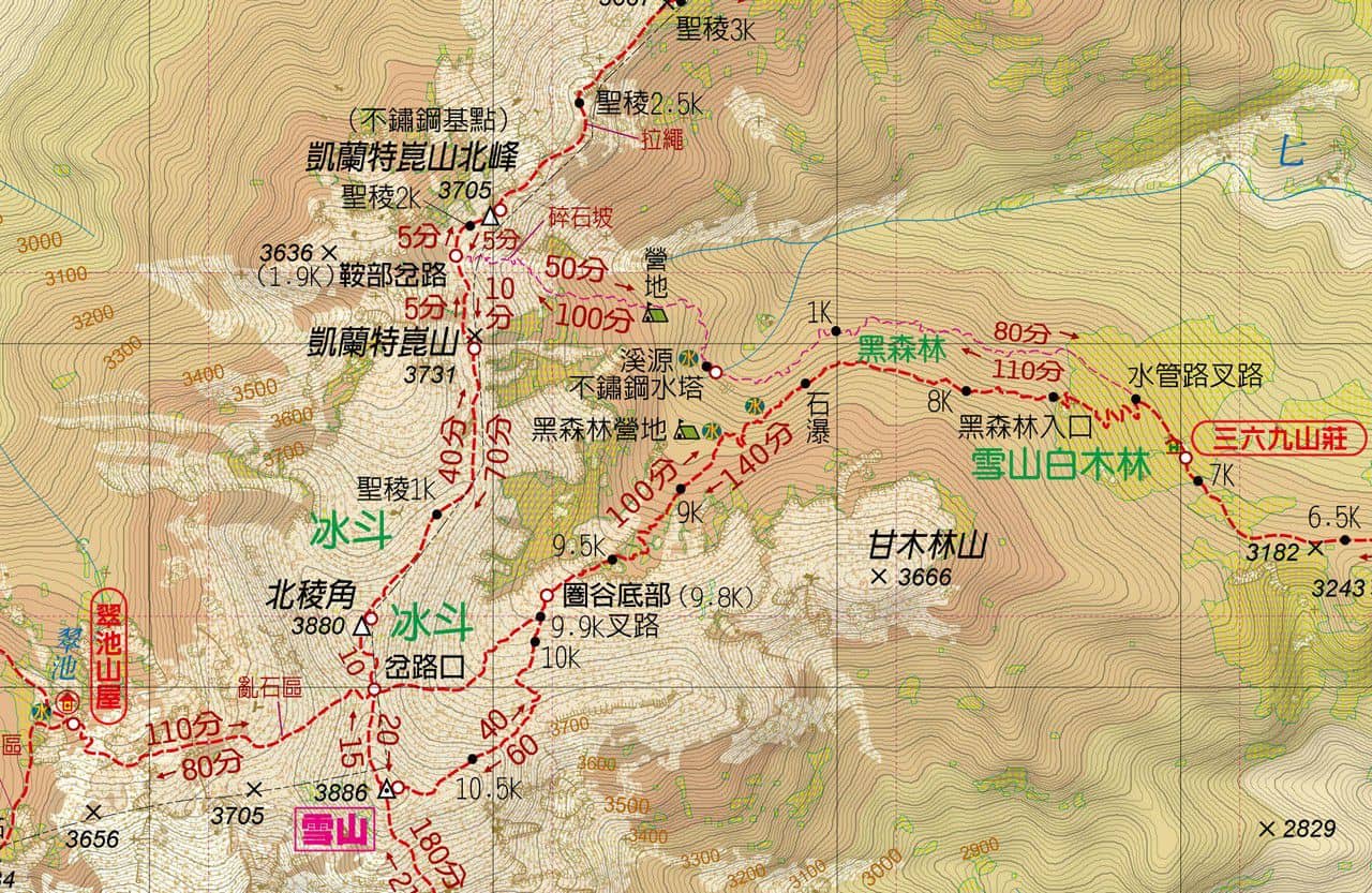 （圖一）百岳導遊圖裡的標註凱蘭特崑山北峰（不鏽鋼基點）