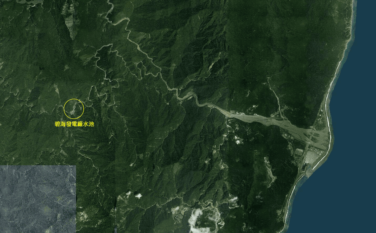 碧海發電廠位於人煙罕至的深山中。 衛星影像截取自─台灣通用電子地圖查詢圖臺