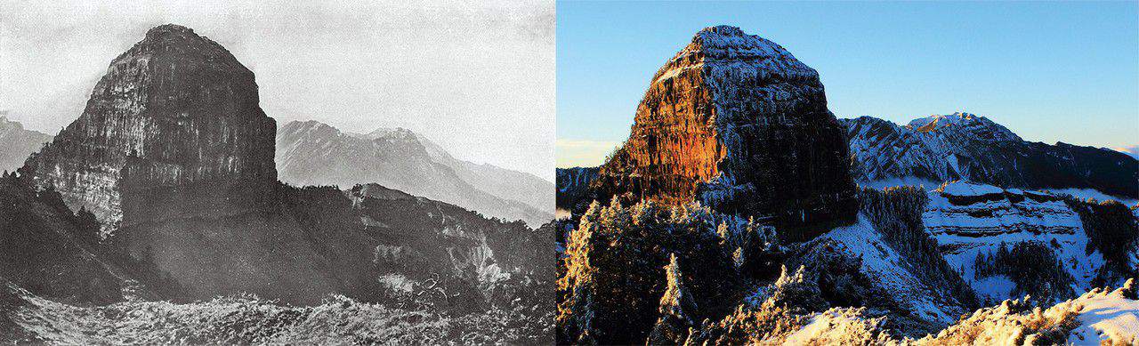 《左圖》 雄偉傲立的大霸尖山 圖片取自《日本地理大系台灣篇》（1930年改造社版） 《右圖》 大霸尖山獨特的酒桶狀孤峰造型，是大自然賜給台灣山岳的一件永恆的藝術精品。 攝影地點／中霸坪