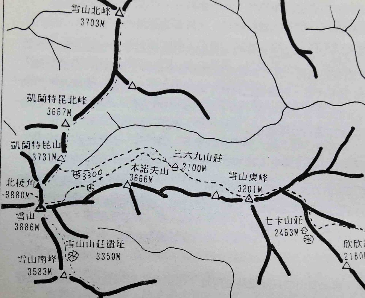 （圖五）楊南郡先生在《雪山、大霸尖山國家公園登山步道系統調查研究報告》中，將其間的一座標高3731公尺的圓峰稱作凱蘭特崑山。