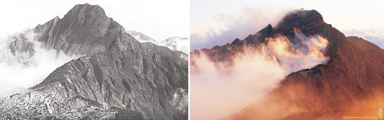 《左圖》 日據時期稱作「新高山」，是日本帝國的第一高峰。 圖片取自《日本地理大系》(1930年改造社版) 《右圖》 玉山雍容華貴的山岳造型，自古就是山岳攝影者詮釋第一高峰的最佳代表作品。 攝影者在寒風凜列的玉山北峰頂， 耐心地等待夕陽的餘暉映照在飛絮般的白雲上，彩繪出玉山的神祕風采。 攝影／陳明像　地點／玉山北峰