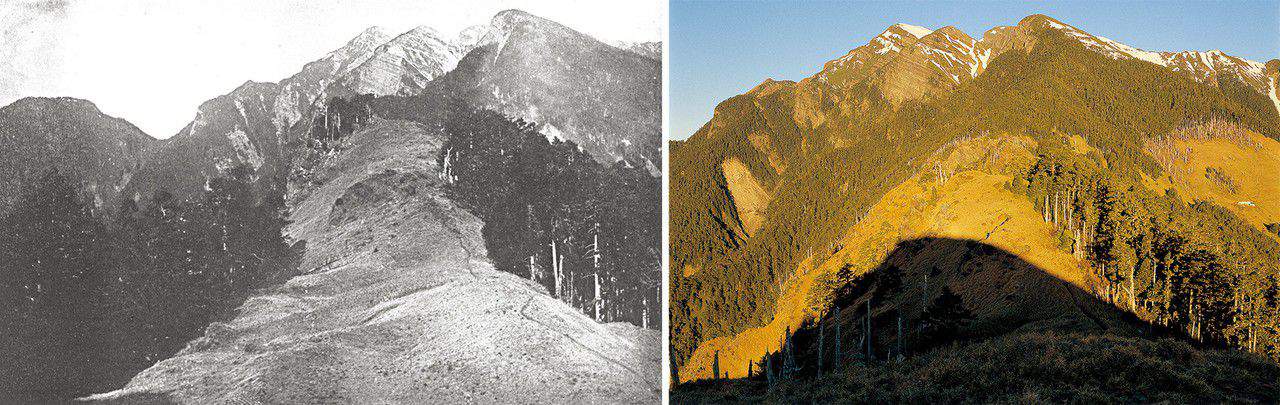 《左圖》 雪山（次高山） 圖片取自《日本地理大系台灣篇》（1930年改造社版） 《右圖》 冬日的朝陽，將東峰的山影呈現在眼前， 後方的三六九○峰與主峰層疊排列，山景絕佳，成為雪東最著名的代表照片。 70多年前日據時期的山岳攝影師，在這裡留下次高山(雪山，右上圖)永恆的影像， 古今對照起來，山似乎未曾改變什麼，但岳人已是一代換過一代。 攝影／陳明像　地點／雪山東峰